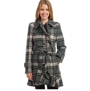 FLEET STREET  GRAY AND PINK RUFFLE WOOL BLEND COAT, SIZE MEDIUM